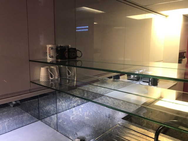 Glass Shelves & Azure Antique Mirror - South London Glass UV Bonding glass shelves - Osborn Glass